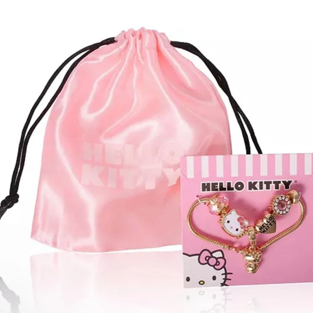 Hello Kitty 7'' Fashion Charm Bead Bracelet with Pink and Gold Tone Enamel Beads